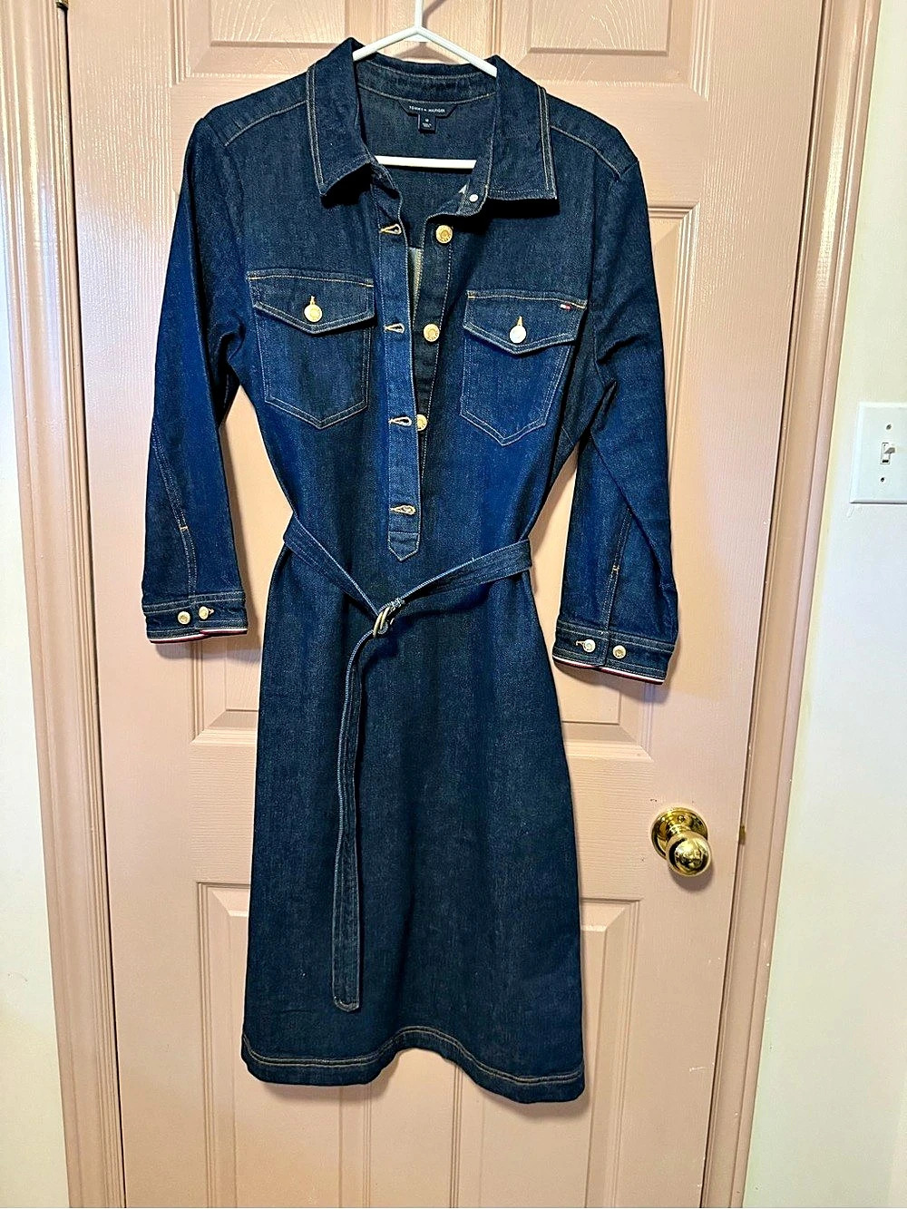 Tommy Hilfiger Long-Sleeve Belted denim Shirtdress Blue & Red Size 12